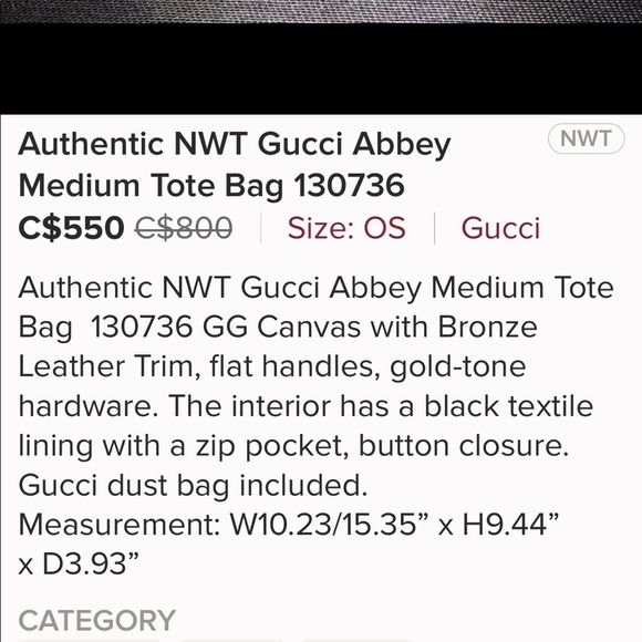 Authentic NWT Gucci Abbey Medium Tote Bag 130736 - Picture 3 of 5